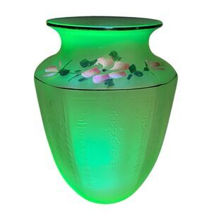 Vintage Uranium Glass Vase Hand Painted Floral Egyptian Revival 8”